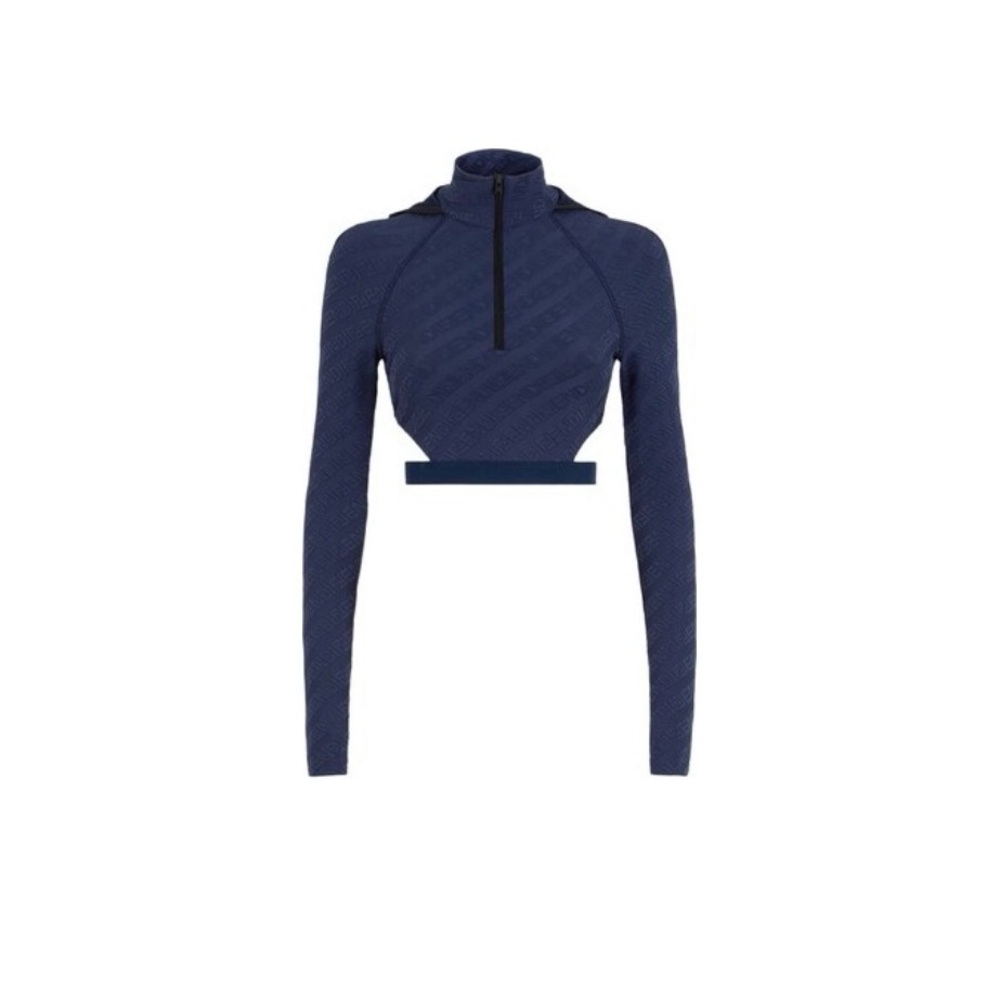 Fendi Navy Cropped Zip-Front Mock neck with a hood top